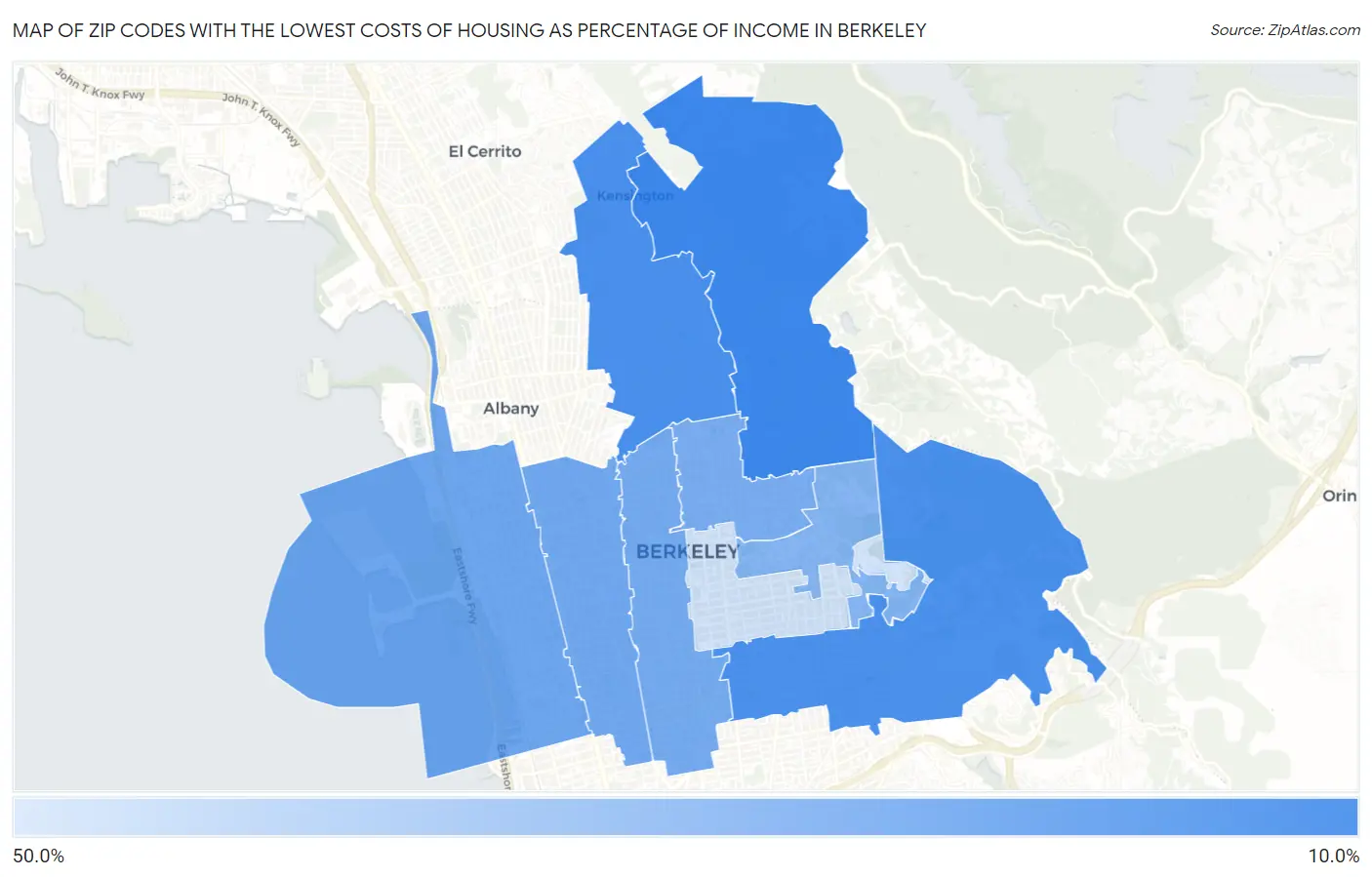 Zip Codes with the Lowest Costs of Housing as Percentage of Income in Berkeley Map