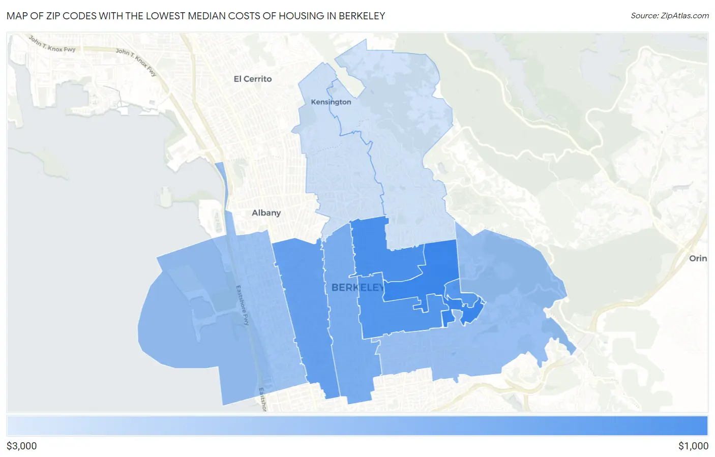 Zip Codes with the Lowest Median Costs of Housing in Berkeley Map