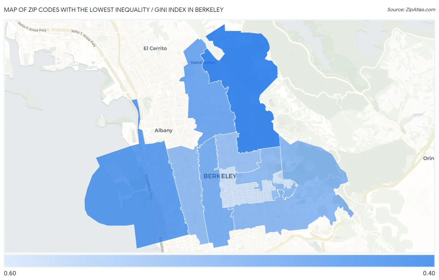 Zip Codes with the Lowest Inequality / Gini Index in Berkeley Map