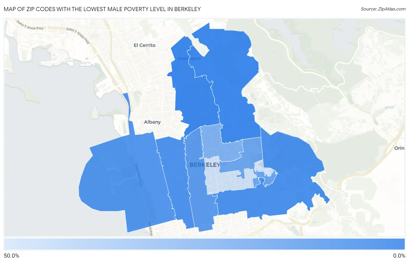 Zip Codes with the Lowest Male Poverty Level in Berkeley Map