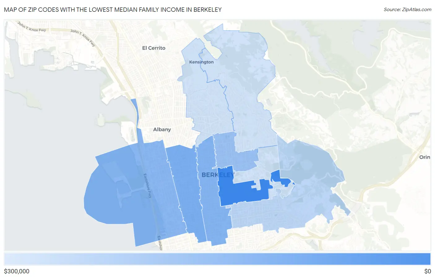 Zip Codes with the Lowest Median Family Income in Berkeley Map
