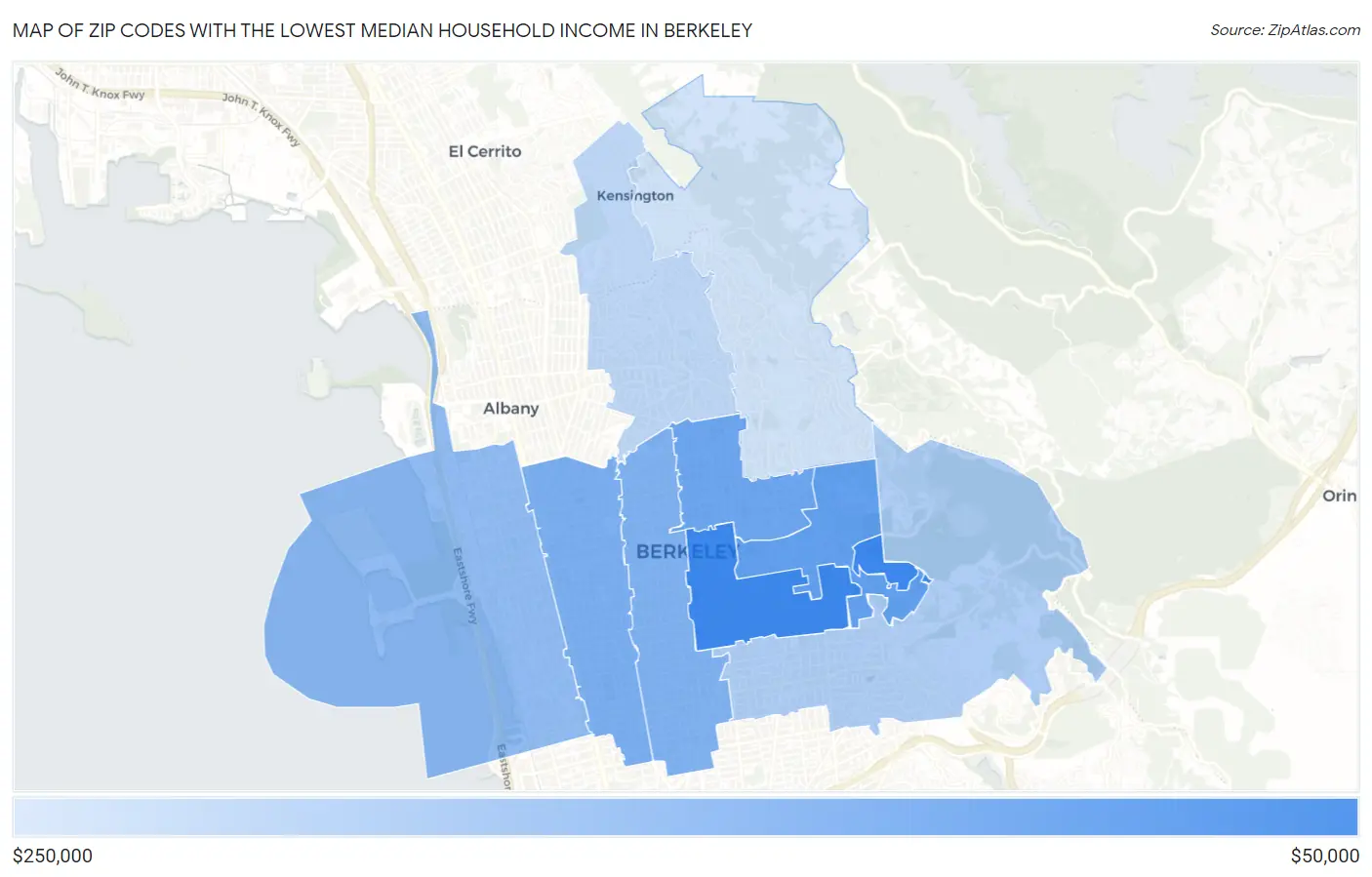Zip Codes with the Lowest Median Household Income in Berkeley Map