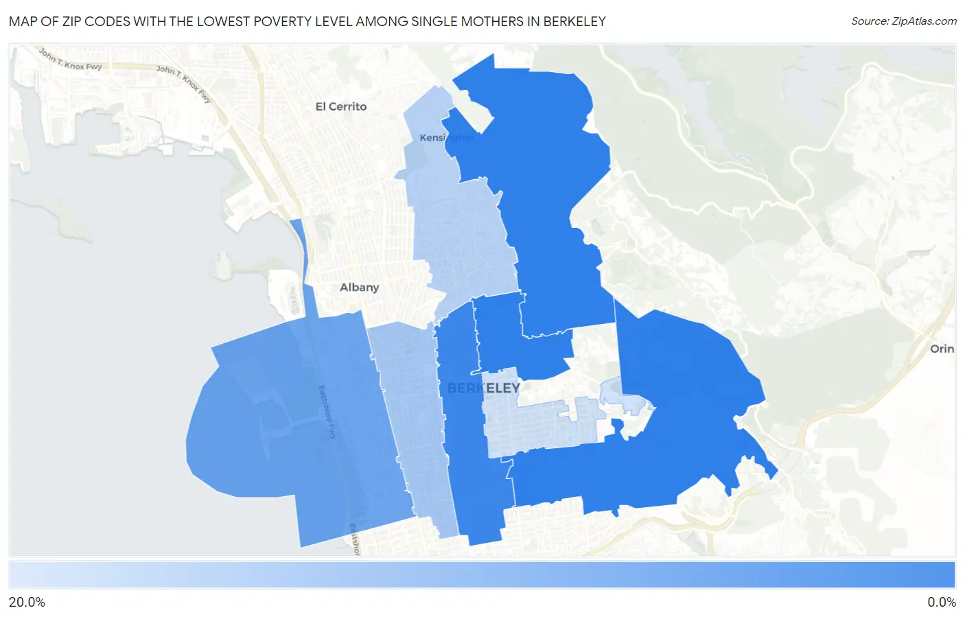 Zip Codes with the Lowest Poverty Level Among Single Mothers in Berkeley Map