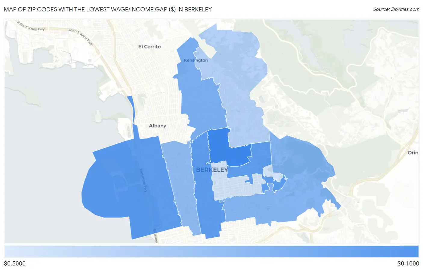 Zip Codes with the Lowest Wage/Income Gap ($) in Berkeley Map