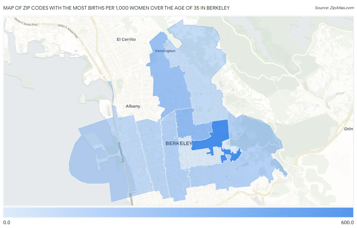 Zip Codes with the Most Births per 1,000 Women Over the Age of 35 in Berkeley Map