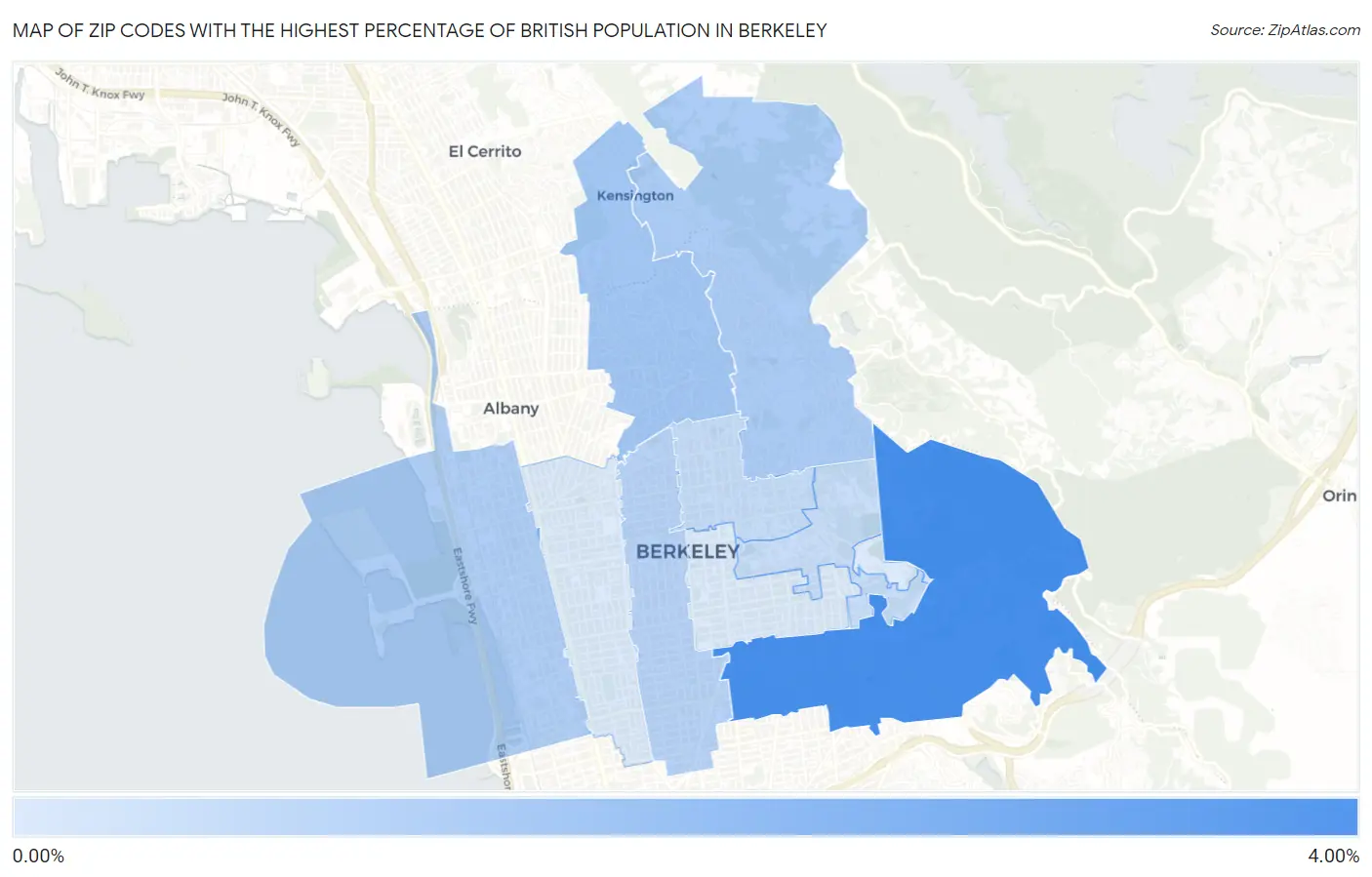 Zip Codes with the Highest Percentage of British Population in Berkeley Map