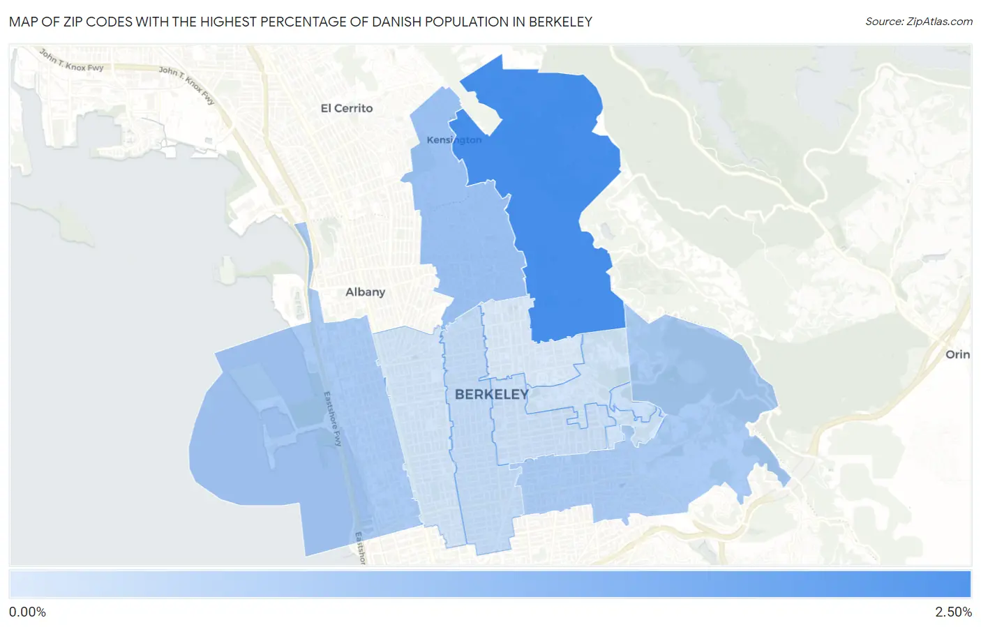 Zip Codes with the Highest Percentage of Danish Population in Berkeley Map