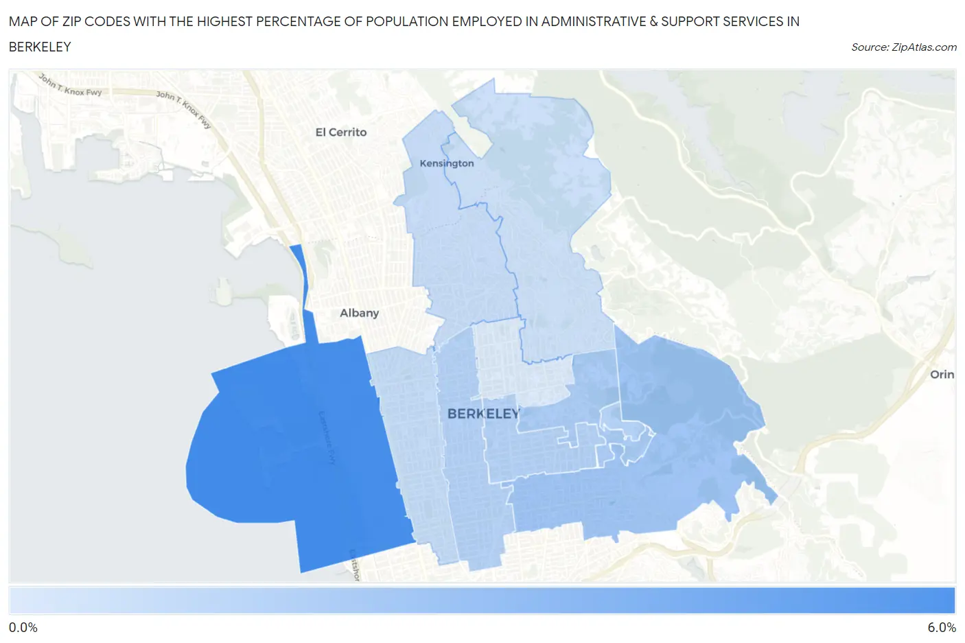 Zip Codes with the Highest Percentage of Population Employed in Administrative & Support Services in Berkeley Map
