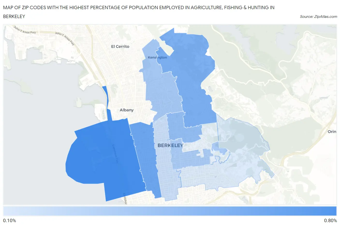 Zip Codes with the Highest Percentage of Population Employed in Agriculture, Fishing & Hunting in Berkeley Map