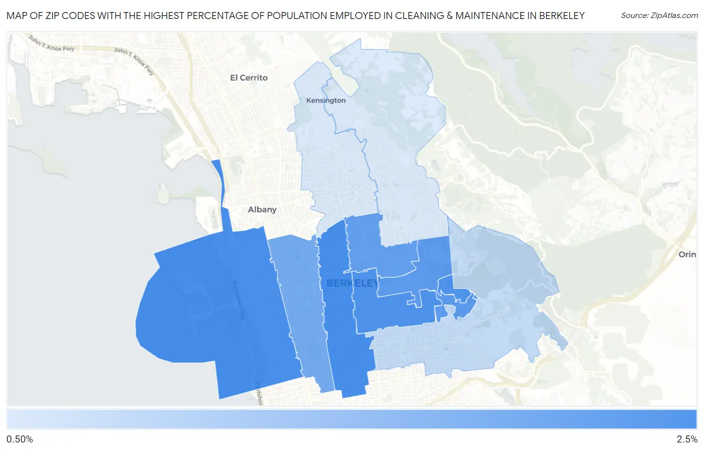 Zip Codes with the Highest Percentage of Population Employed in Cleaning & Maintenance in Berkeley Map