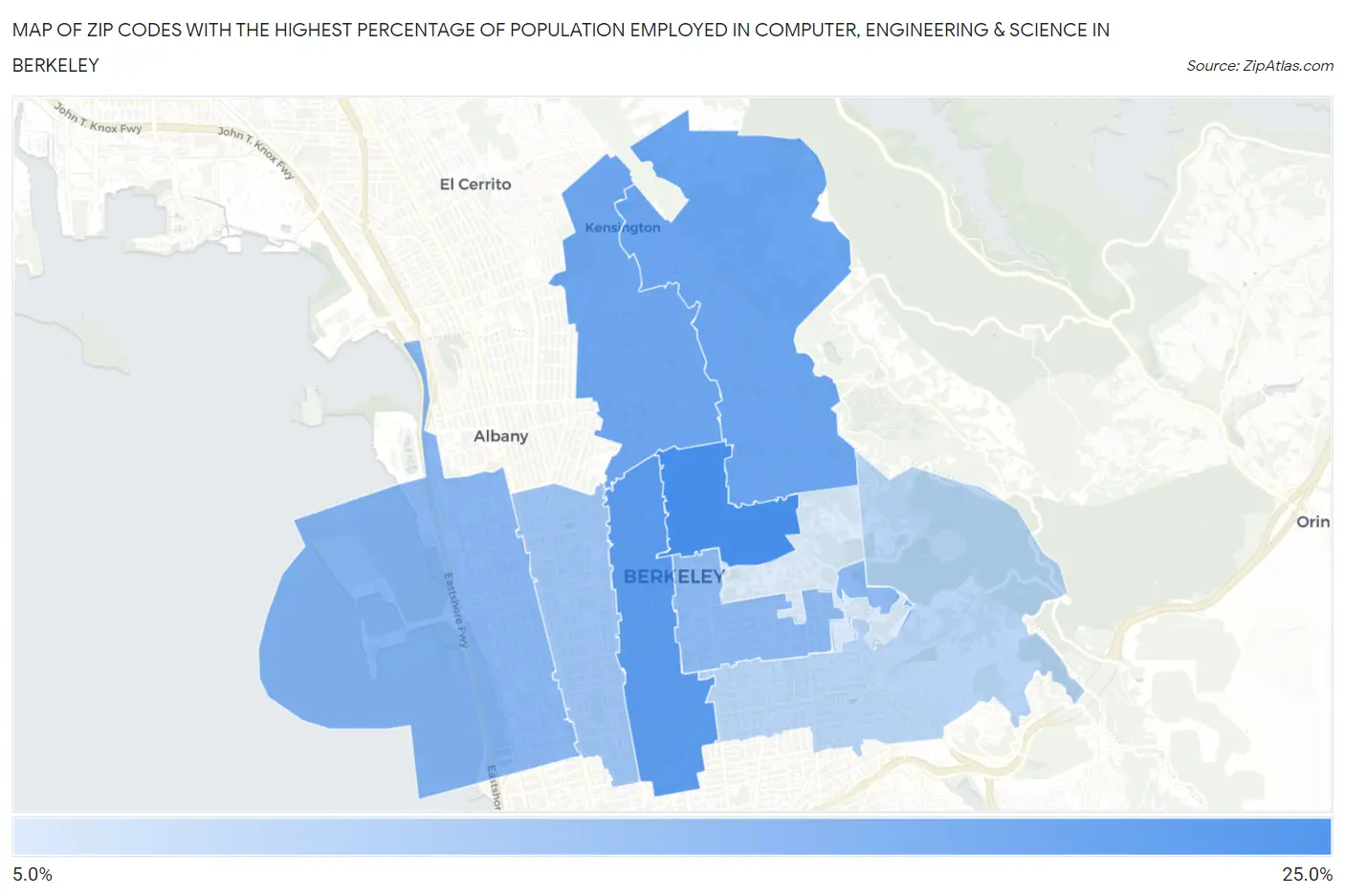 Zip Codes with the Highest Percentage of Population Employed in Computer, Engineering & Science in Berkeley Map