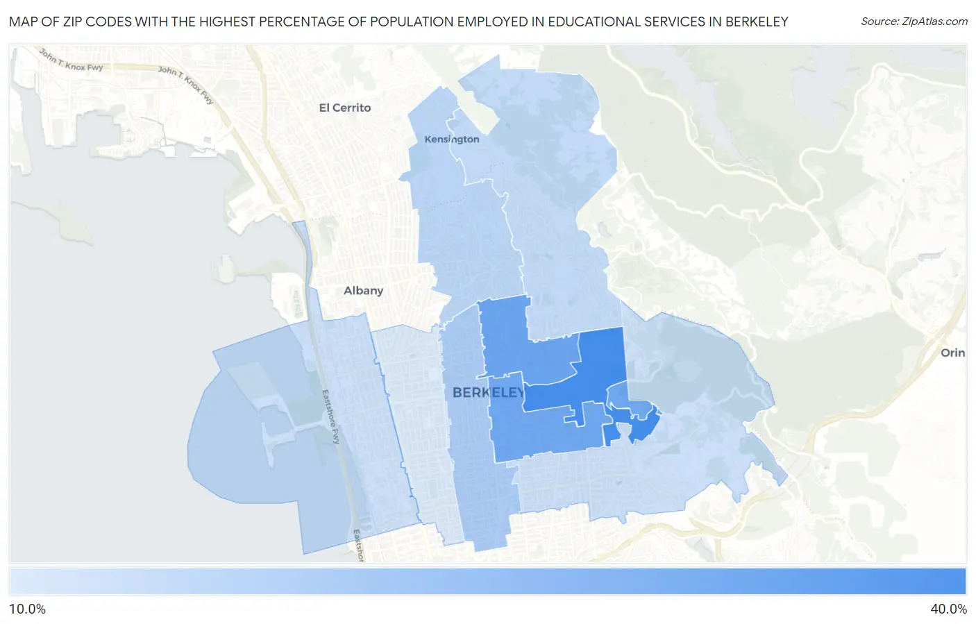 Zip Codes with the Highest Percentage of Population Employed in Educational Services in Berkeley Map