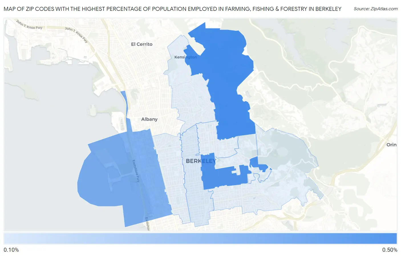 Zip Codes with the Highest Percentage of Population Employed in Farming, Fishing & Forestry in Berkeley Map