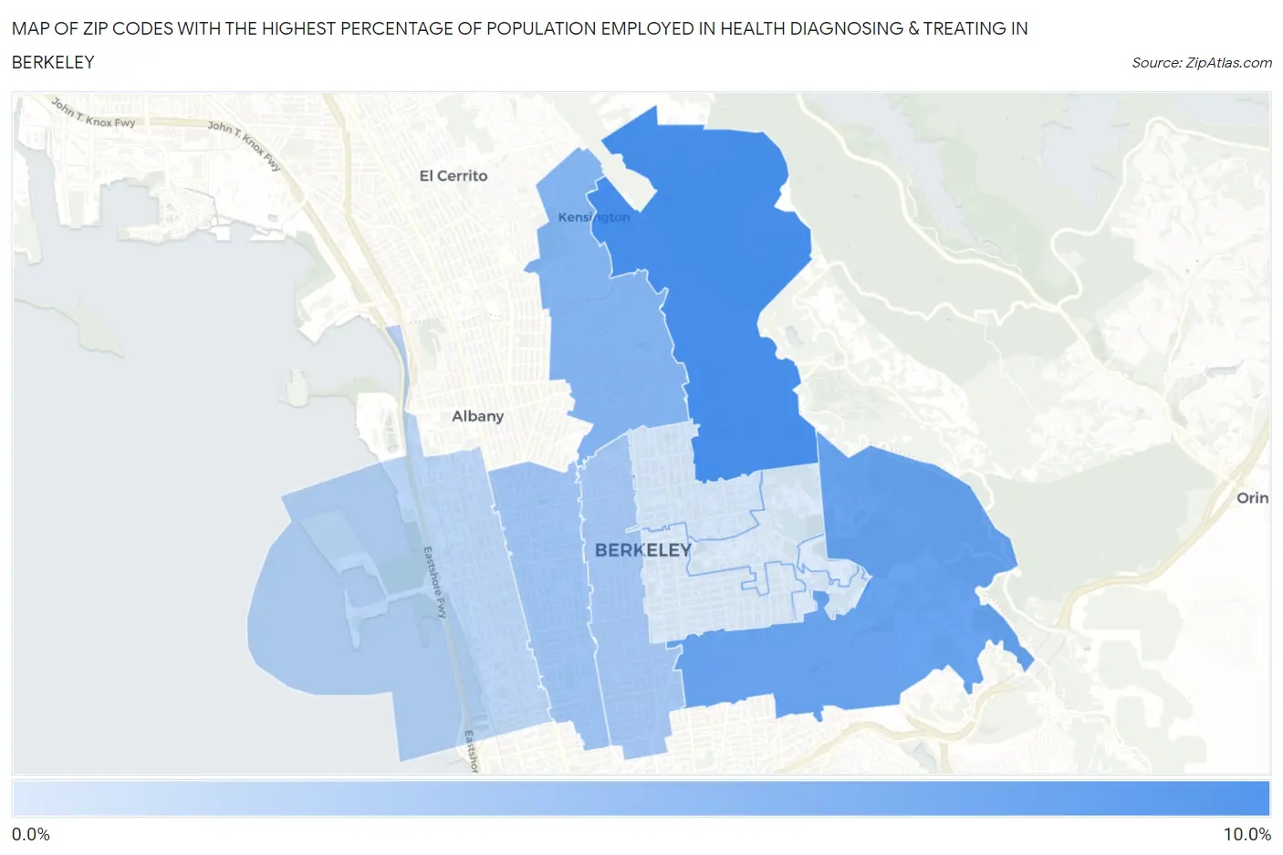 Zip Codes with the Highest Percentage of Population Employed in Health Diagnosing & Treating in Berkeley Map