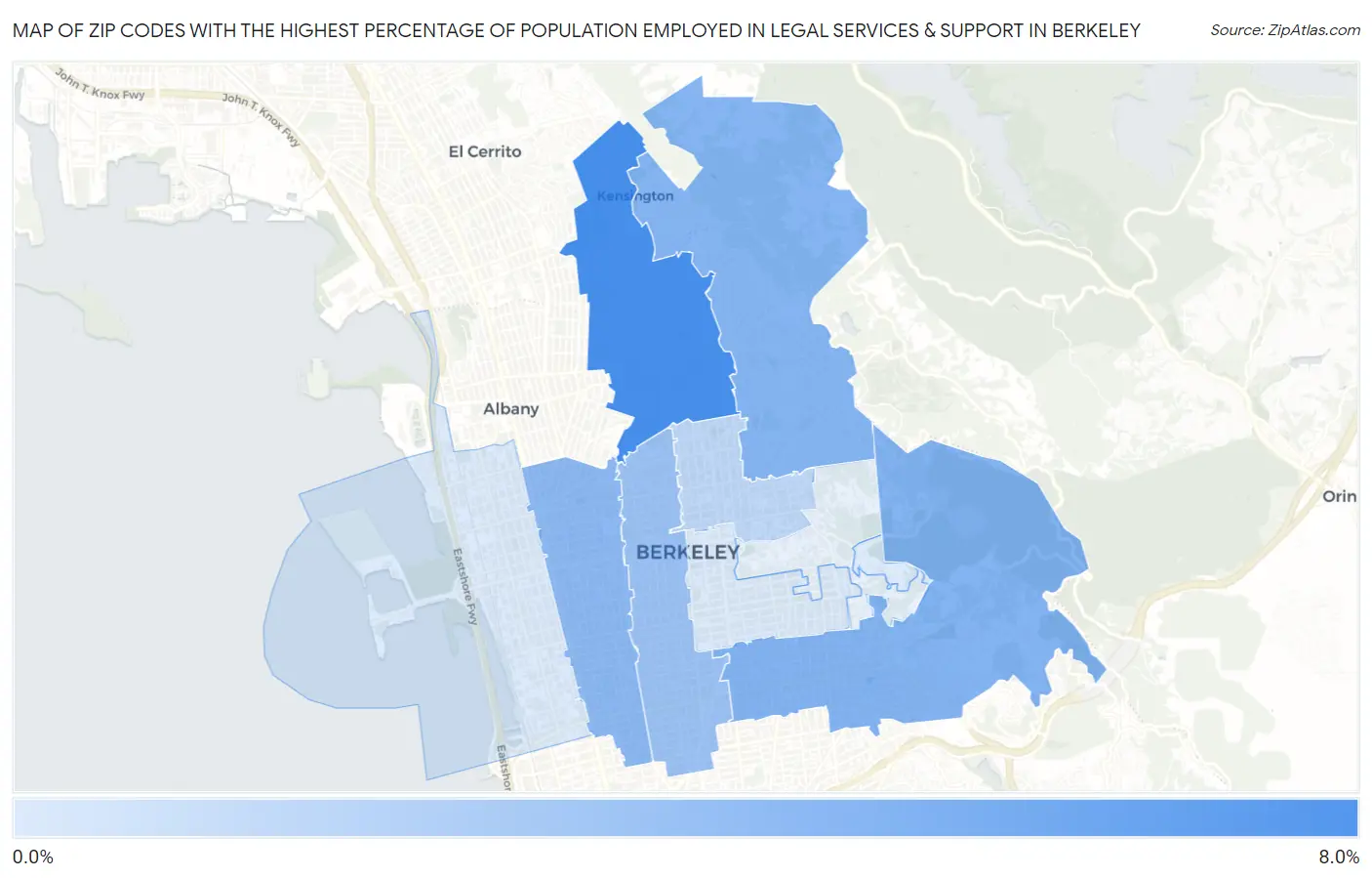 Zip Codes with the Highest Percentage of Population Employed in Legal Services & Support in Berkeley Map