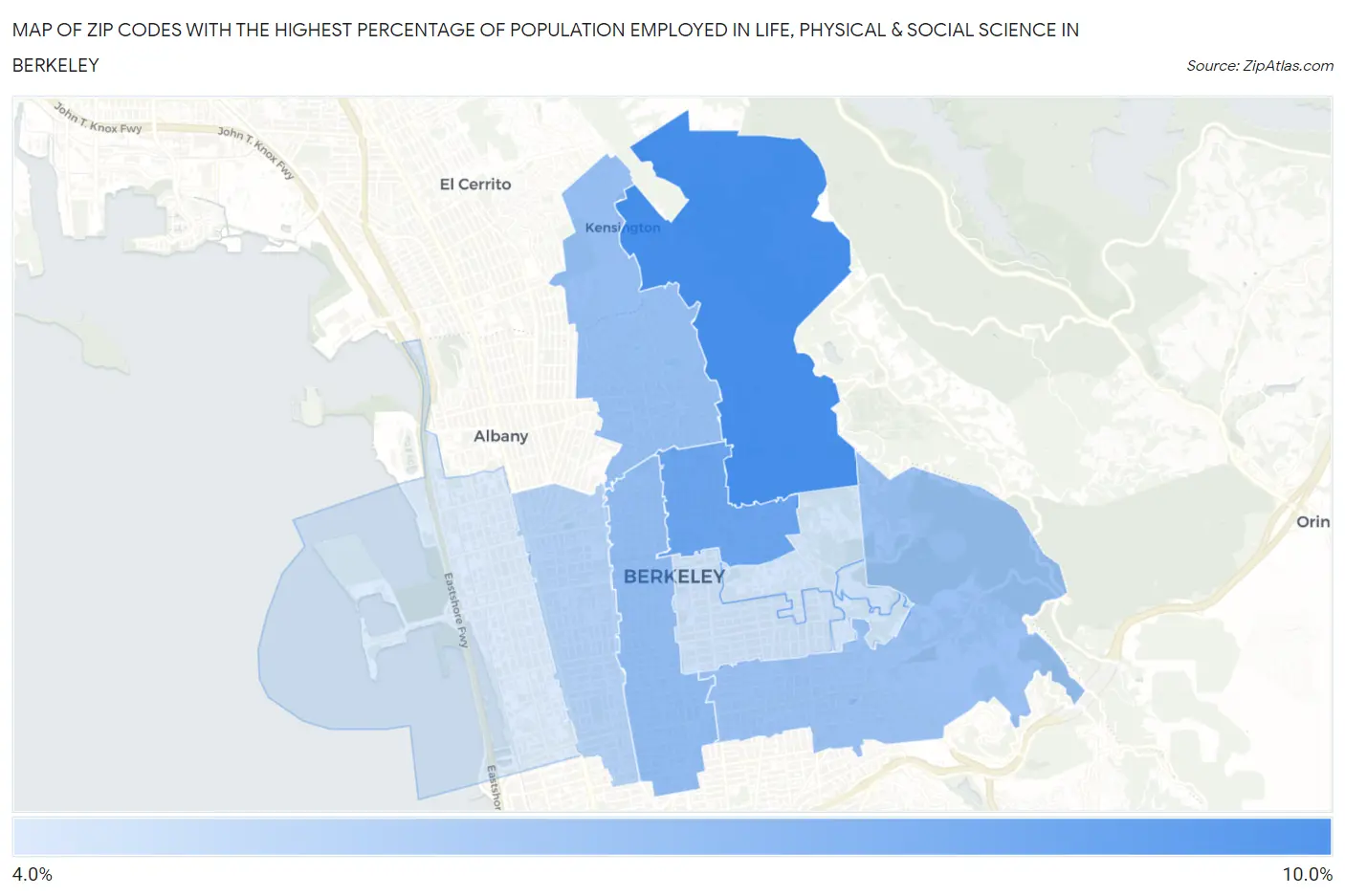 Zip Codes with the Highest Percentage of Population Employed in Life, Physical & Social Science in Berkeley Map