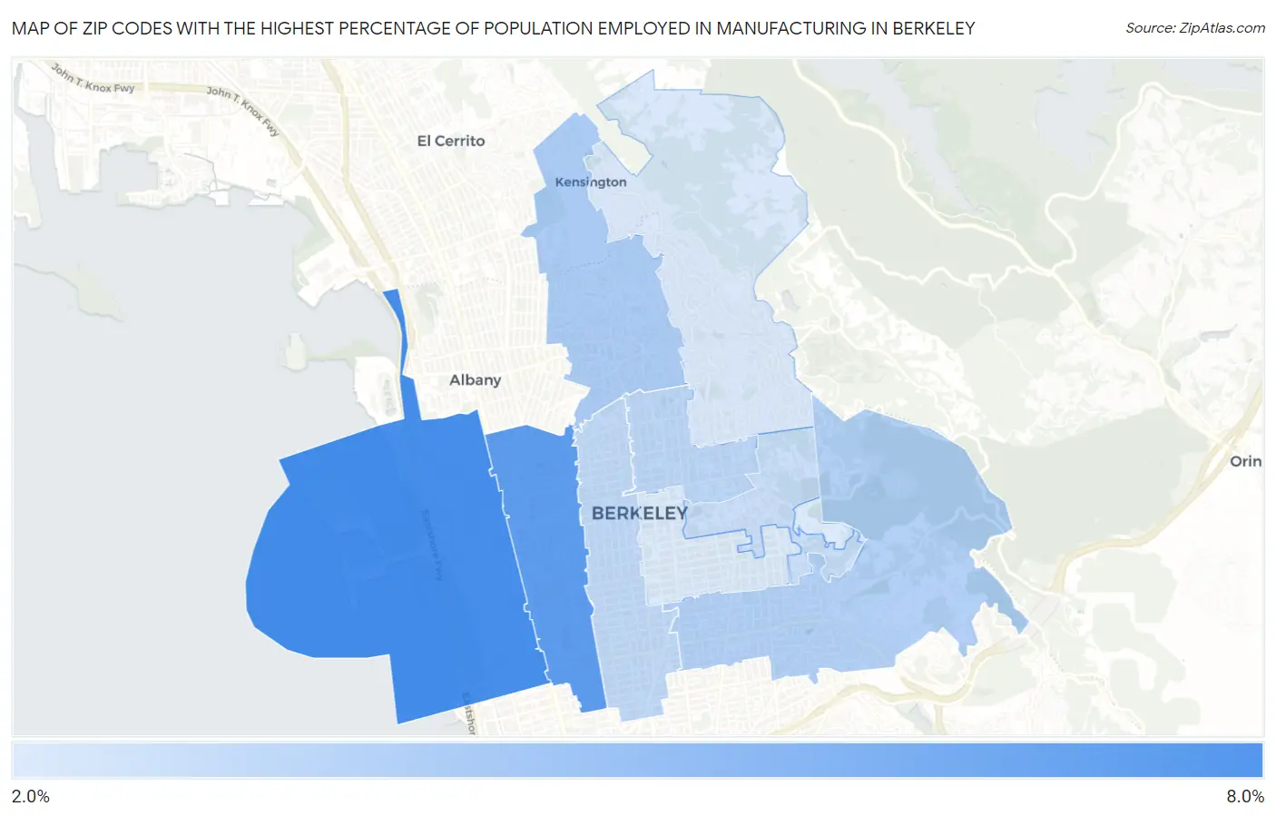 Zip Codes with the Highest Percentage of Population Employed in Manufacturing in Berkeley Map