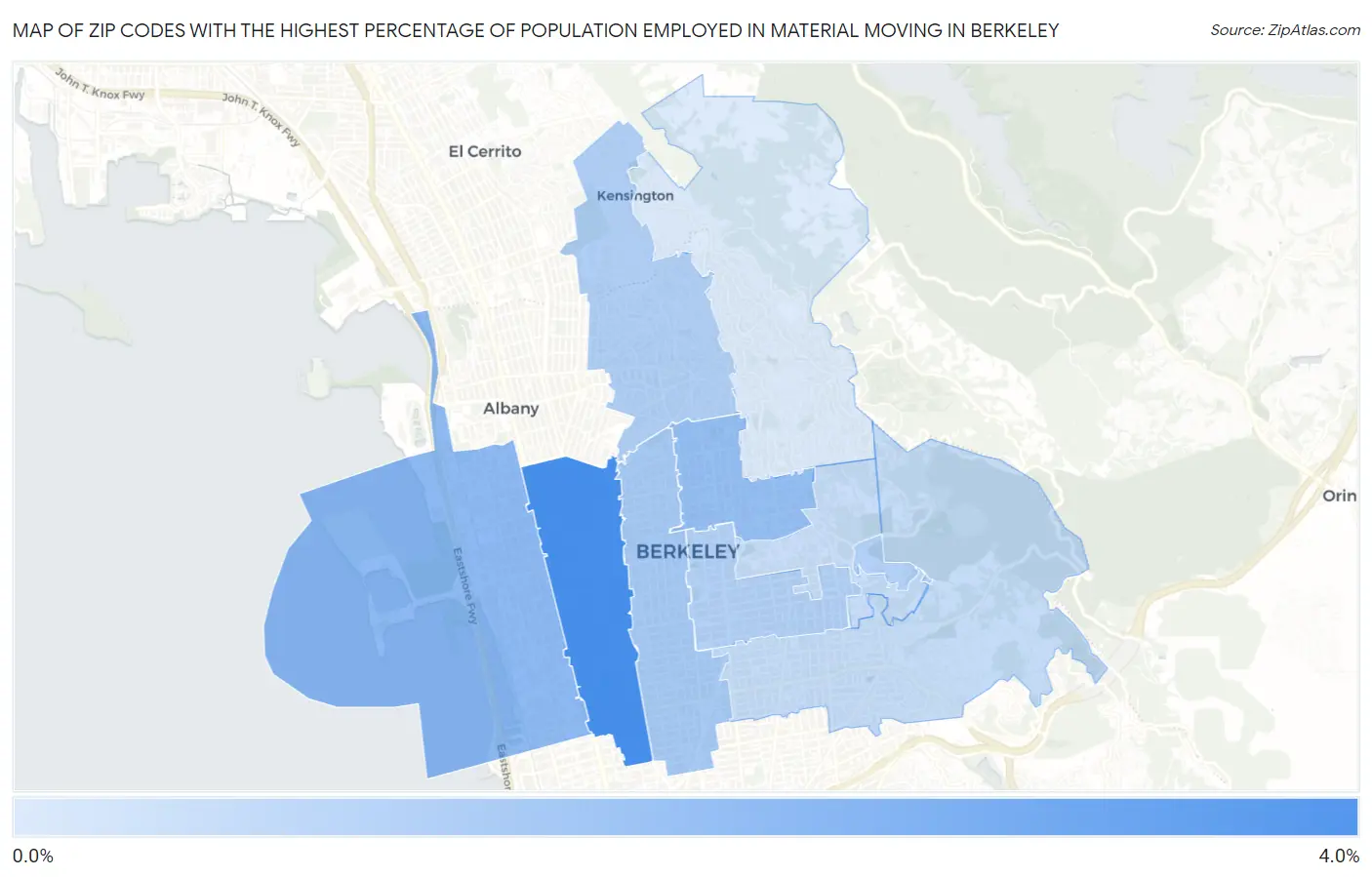Zip Codes with the Highest Percentage of Population Employed in Material Moving in Berkeley Map