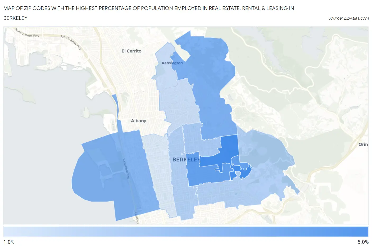 Zip Codes with the Highest Percentage of Population Employed in Real Estate, Rental & Leasing in Berkeley Map