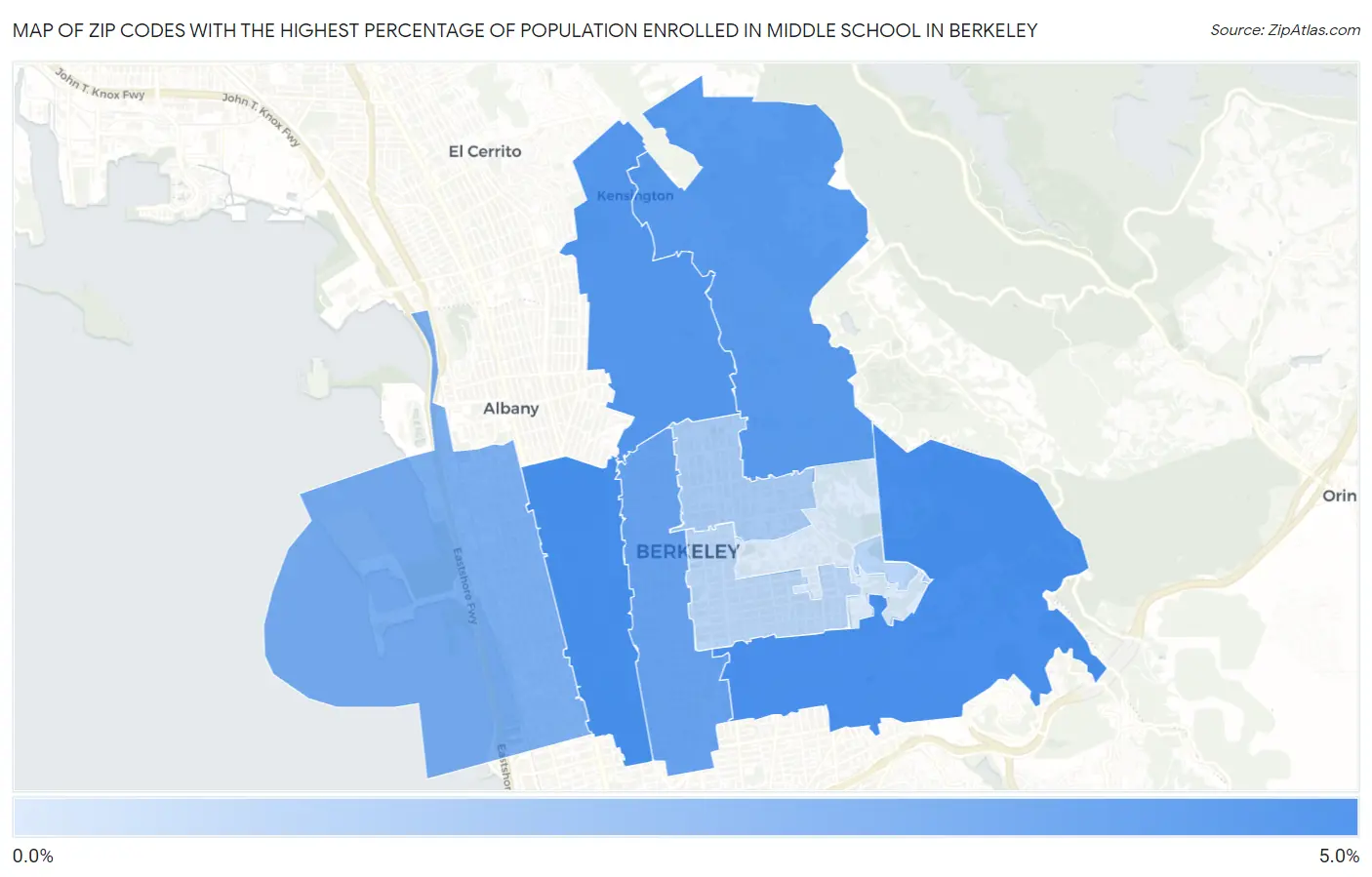 Zip Codes with the Highest Percentage of Population Enrolled in Middle School in Berkeley Map