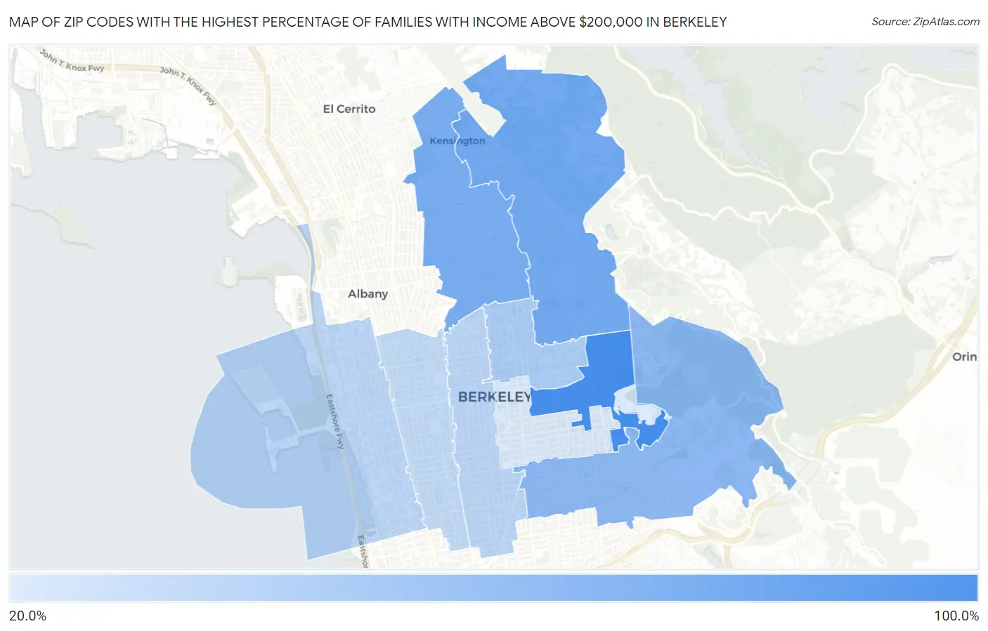 Zip Codes with the Highest Percentage of Families with Income Above $200,000 in Berkeley Map