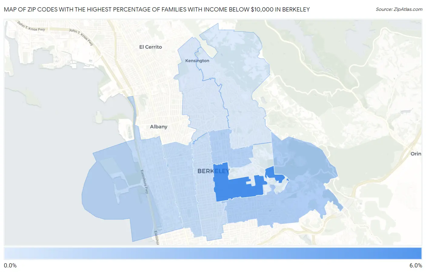 Zip Codes with the Highest Percentage of Families with Income Below $10,000 in Berkeley Map