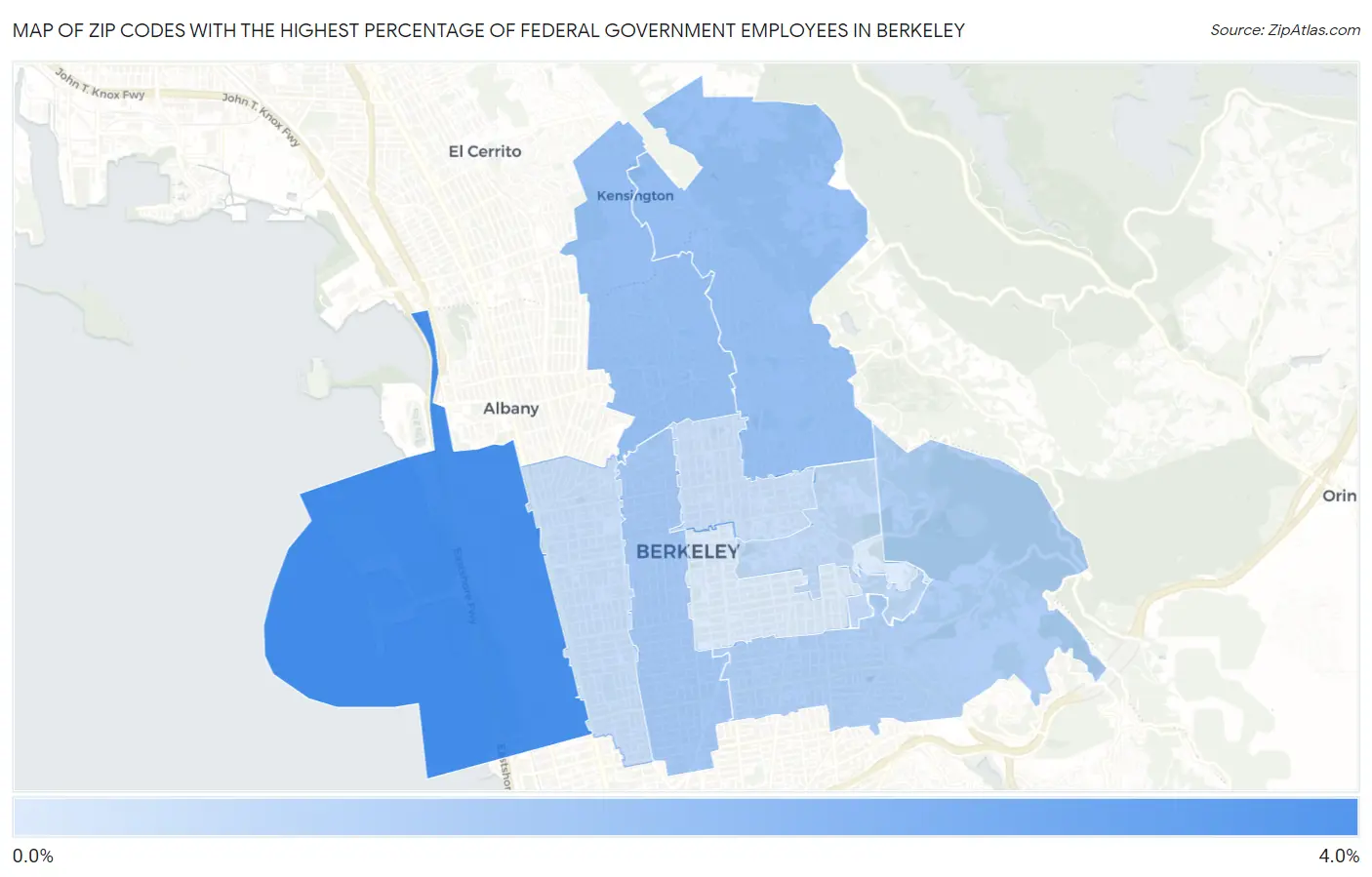 Zip Codes with the Highest Percentage of Federal Government Employees in Berkeley Map