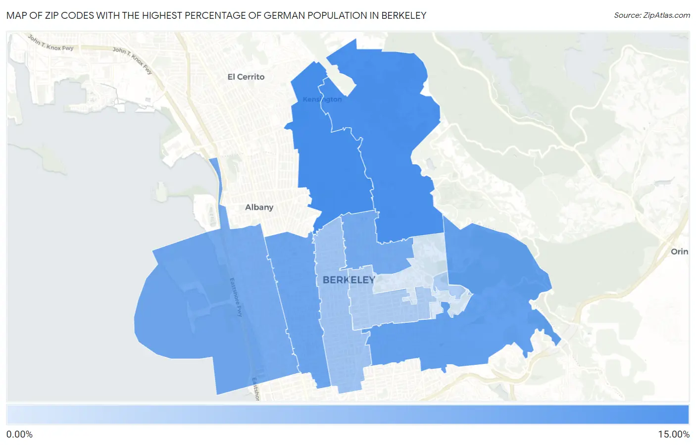 Zip Codes with the Highest Percentage of German Population in Berkeley Map