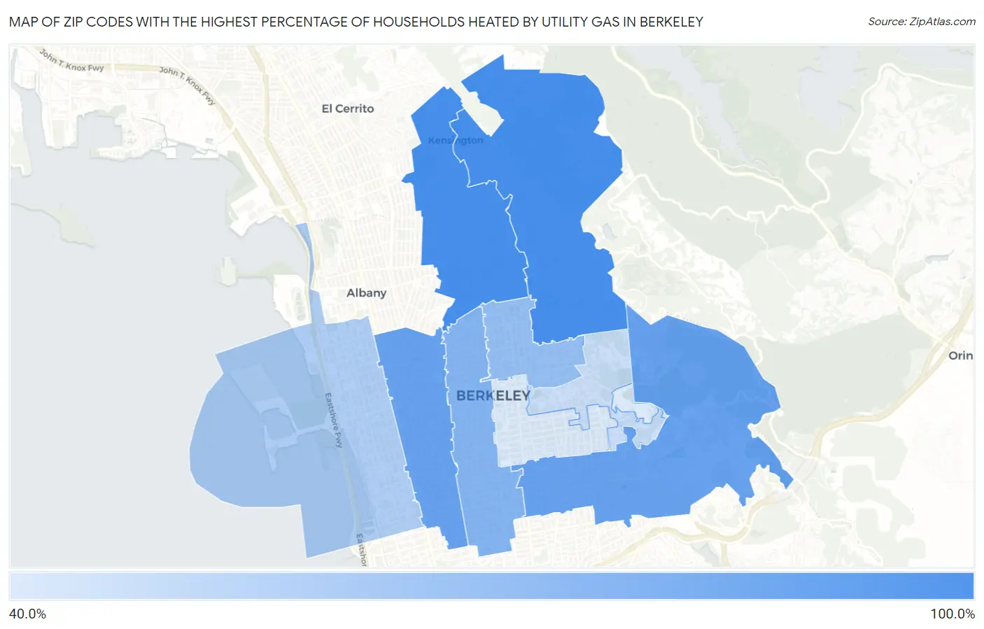 Zip Codes with the Highest Percentage of Households Heated by Utility Gas in Berkeley Map