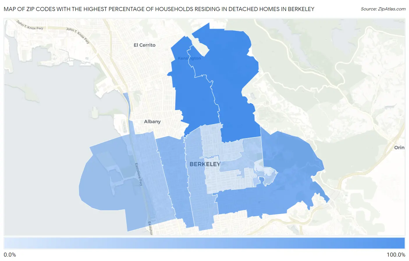 Zip Codes with the Highest Percentage of Households Residing in Detached Homes in Berkeley Map