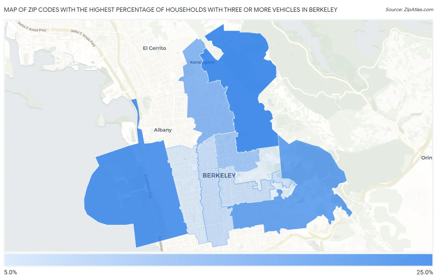 Zip Codes with the Highest Percentage of Households With Three or more Vehicles in Berkeley Map