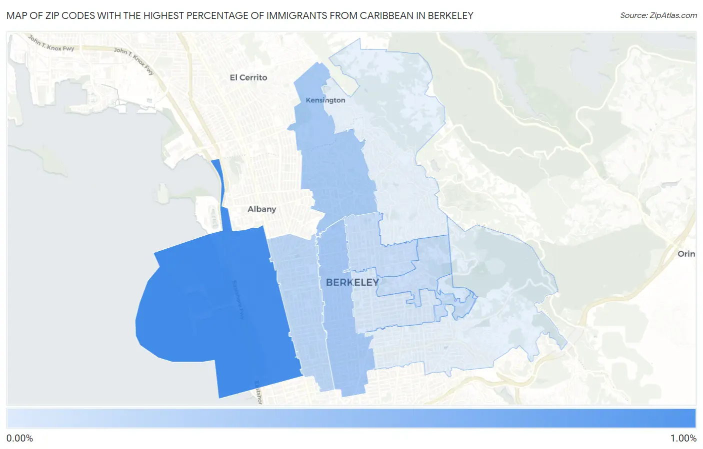 Zip Codes with the Highest Percentage of Immigrants from Caribbean in Berkeley Map