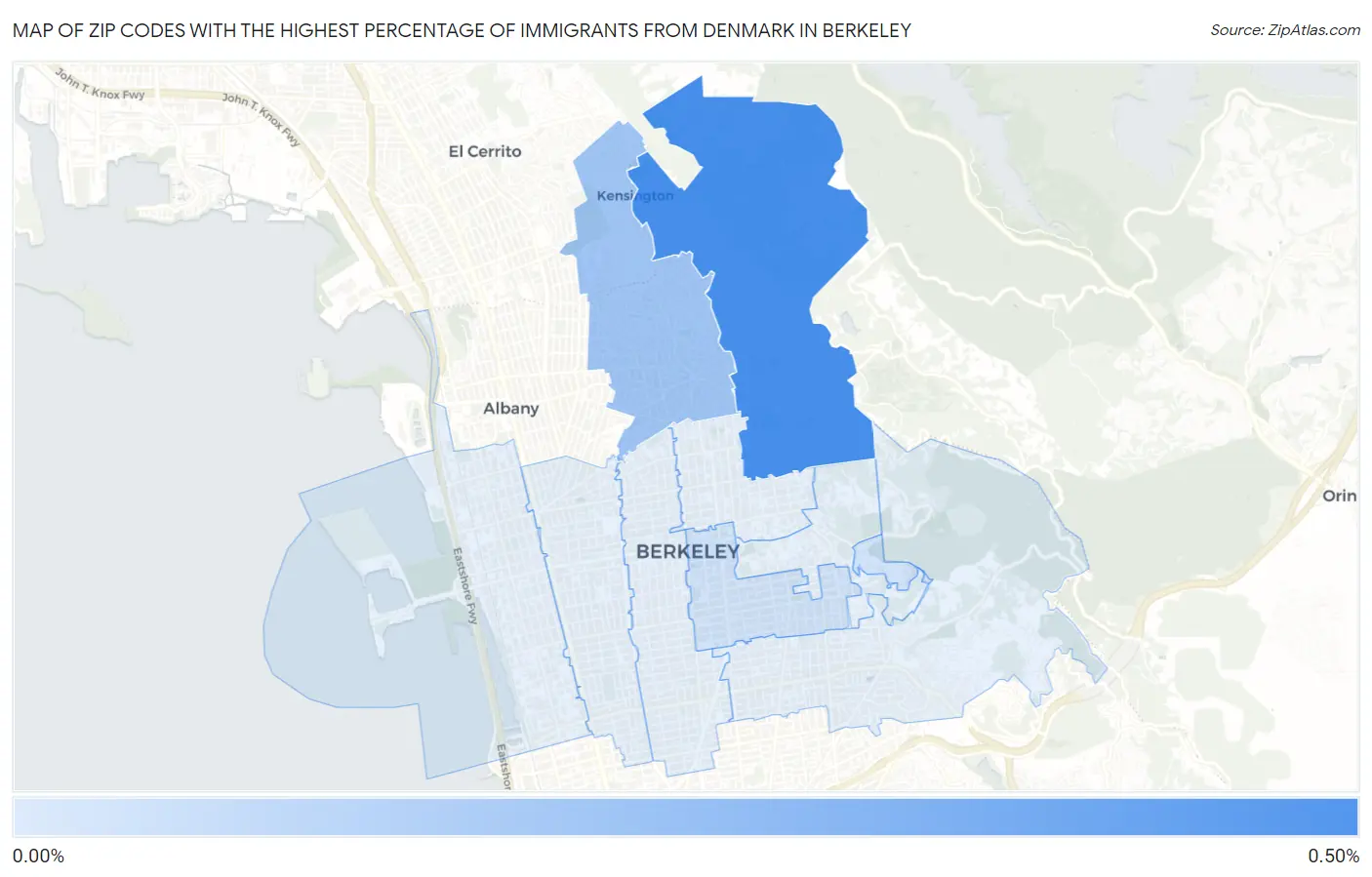 Zip Codes with the Highest Percentage of Immigrants from Denmark in Berkeley Map
