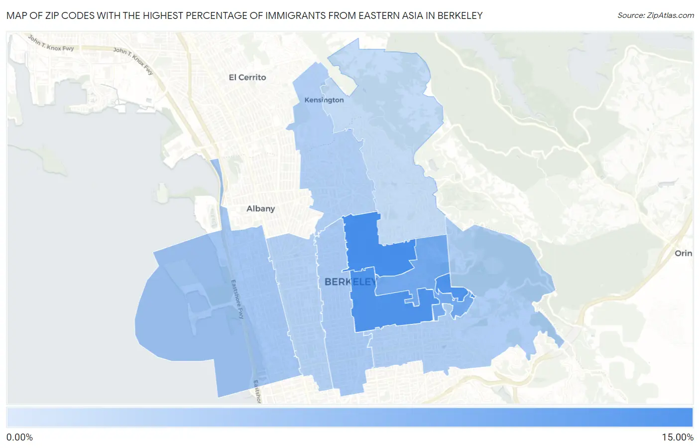 Zip Codes with the Highest Percentage of Immigrants from Eastern Asia in Berkeley Map