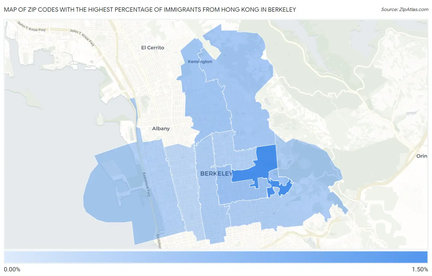 Zip Codes with the Highest Percentage of Immigrants from Hong Kong in Berkeley Map