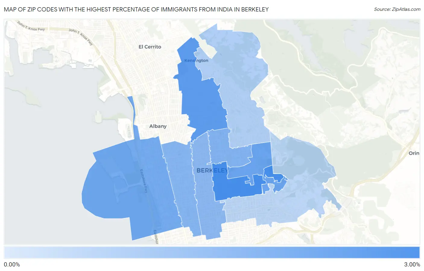 Zip Codes with the Highest Percentage of Immigrants from India in Berkeley Map