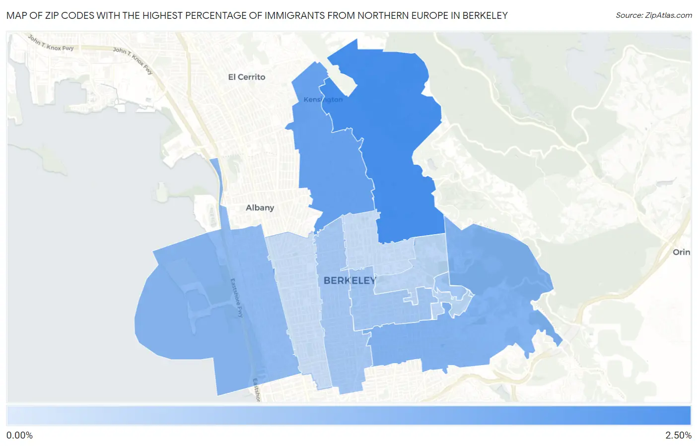 Zip Codes with the Highest Percentage of Immigrants from Northern Europe in Berkeley Map