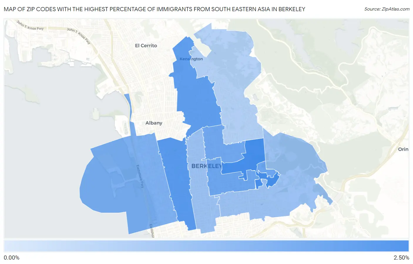 Zip Codes with the Highest Percentage of Immigrants from South Eastern Asia in Berkeley Map