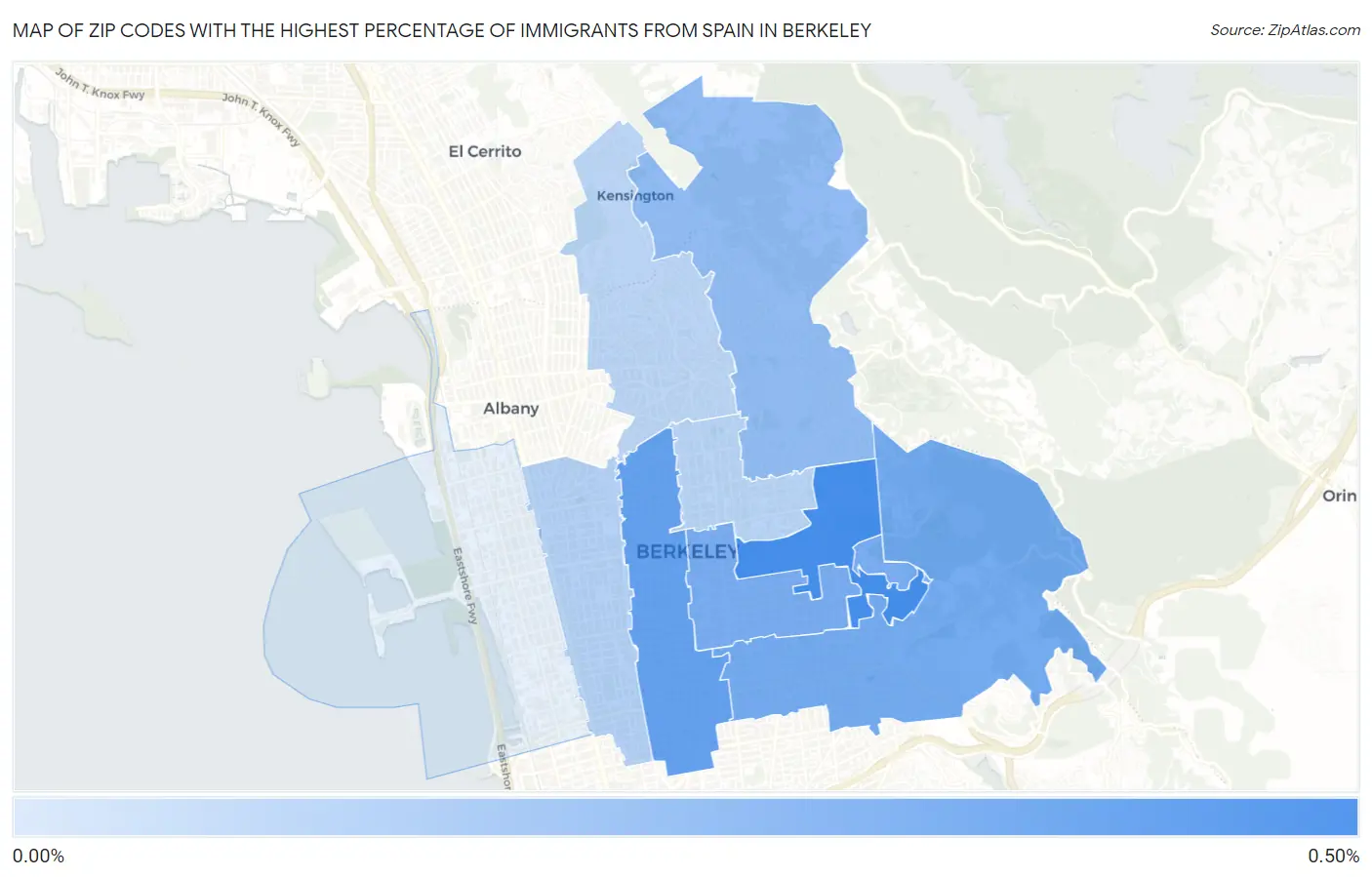 Zip Codes with the Highest Percentage of Immigrants from Spain in Berkeley Map