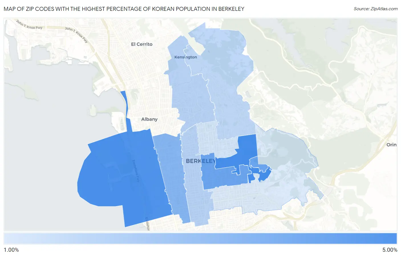 Zip Codes with the Highest Percentage of Korean Population in Berkeley Map