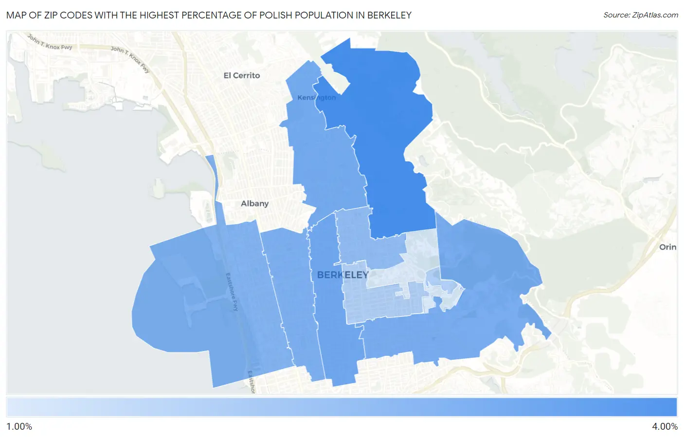 Zip Codes with the Highest Percentage of Polish Population in Berkeley Map