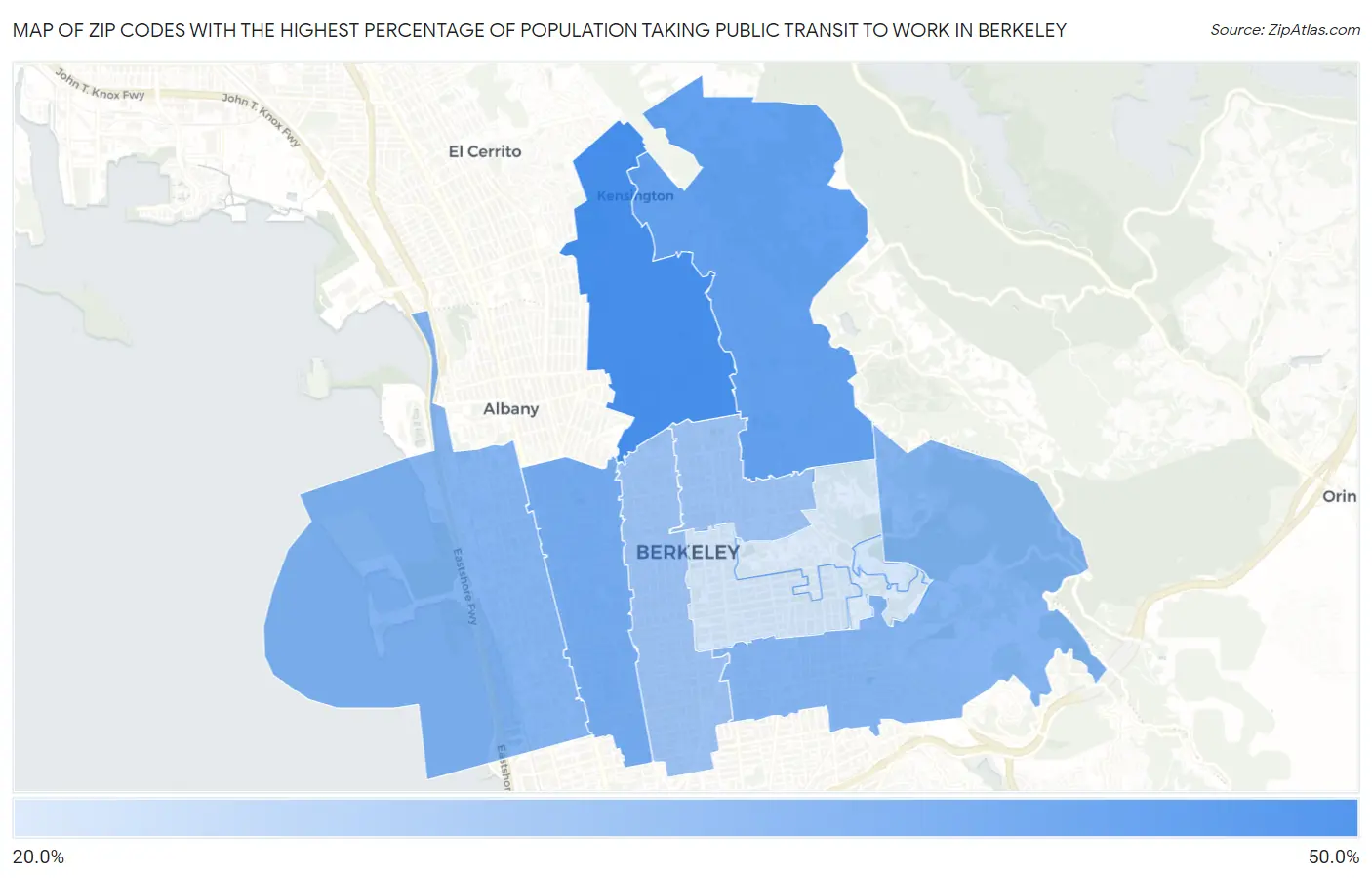 Zip Codes with the Highest Percentage of Population Taking Public Transit to Work in Berkeley Map