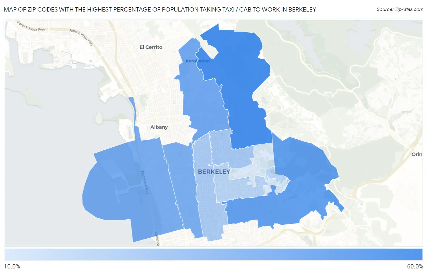 Zip Codes with the Highest Percentage of Population Taking Taxi / Cab to Work in Berkeley Map