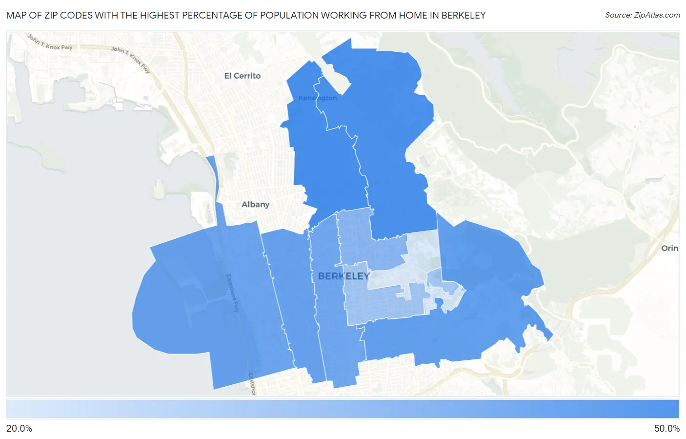 Zip Codes with the Highest Percentage of Population Working from Home in Berkeley Map