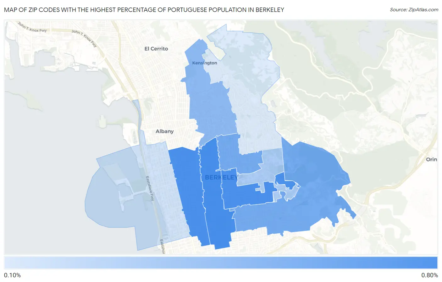 Zip Codes with the Highest Percentage of Portuguese Population in Berkeley Map