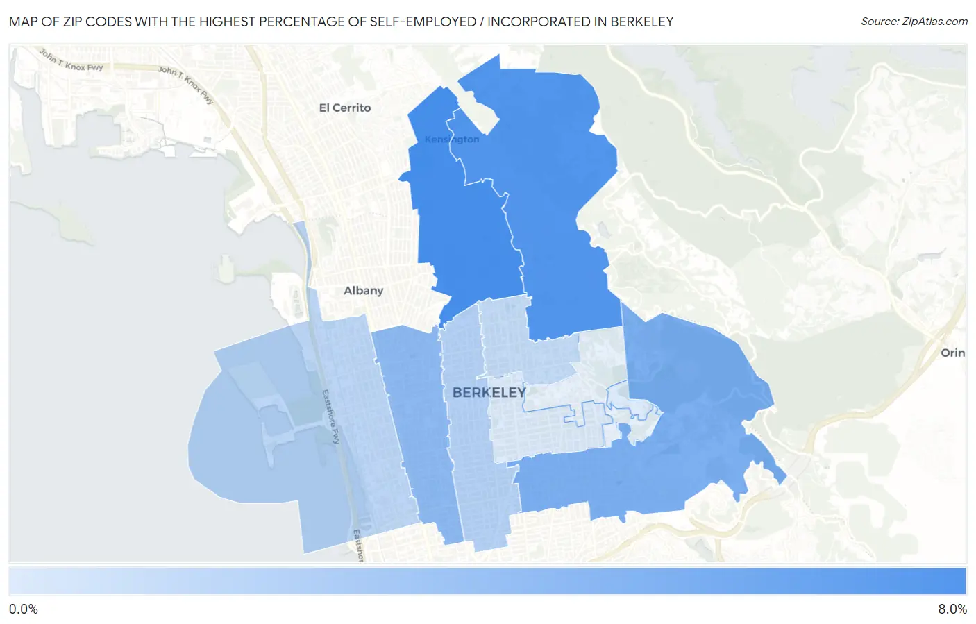 Zip Codes with the Highest Percentage of Self-Employed / Incorporated in Berkeley Map