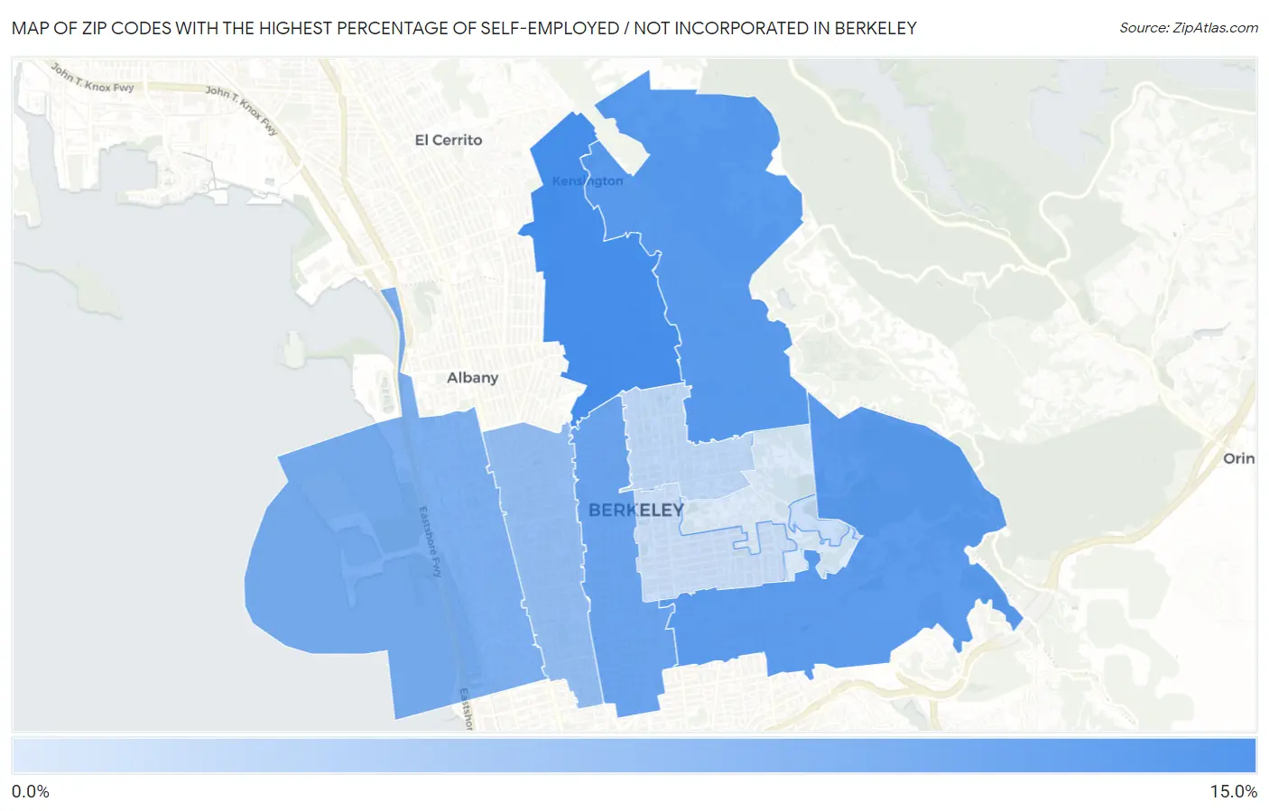 Zip Codes with the Highest Percentage of Self-Employed / Not Incorporated in Berkeley Map