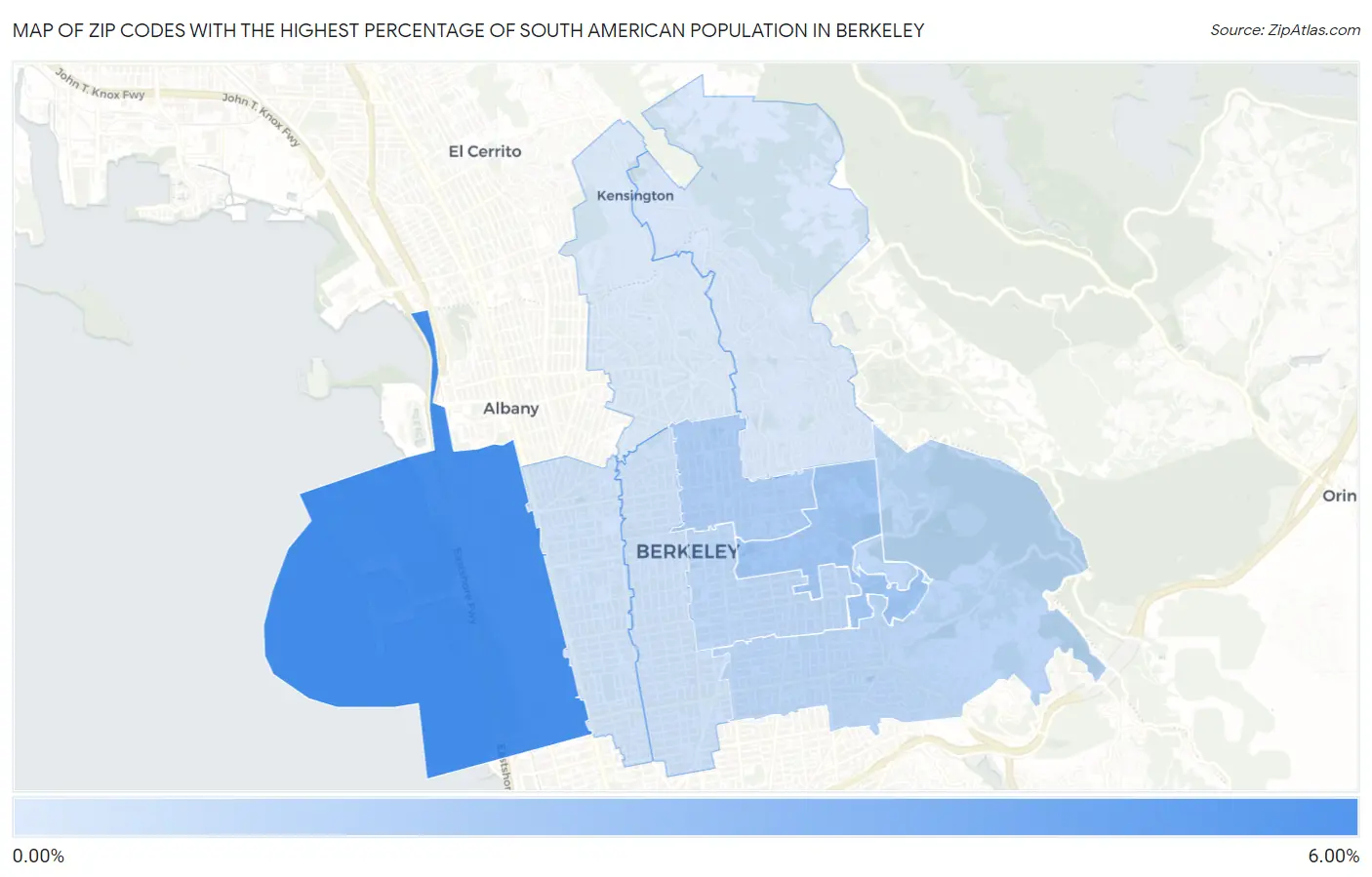 Zip Codes with the Highest Percentage of South American Population in Berkeley Map
