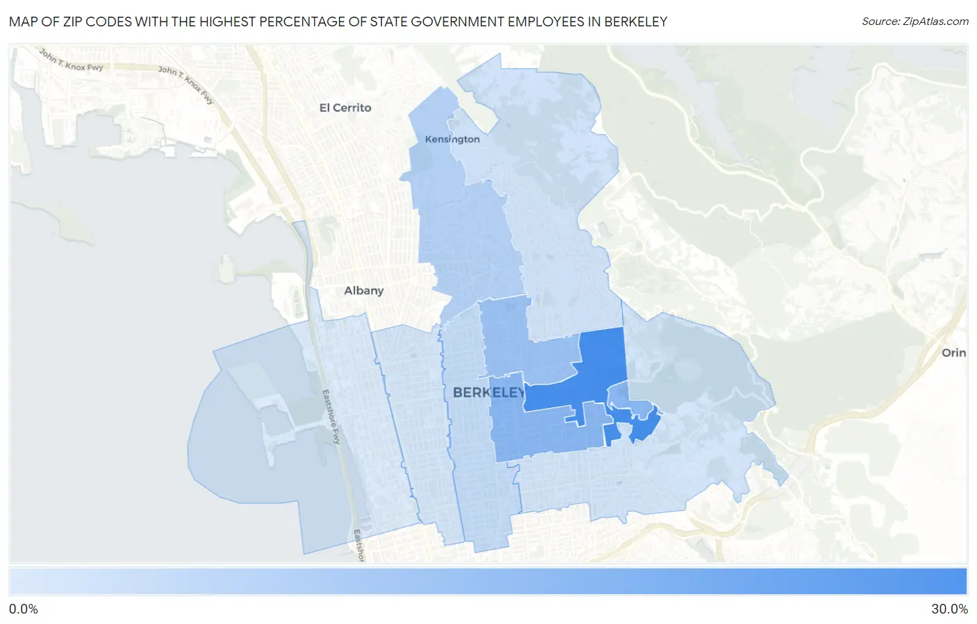 Zip Codes with the Highest Percentage of State Government Employees in Berkeley Map