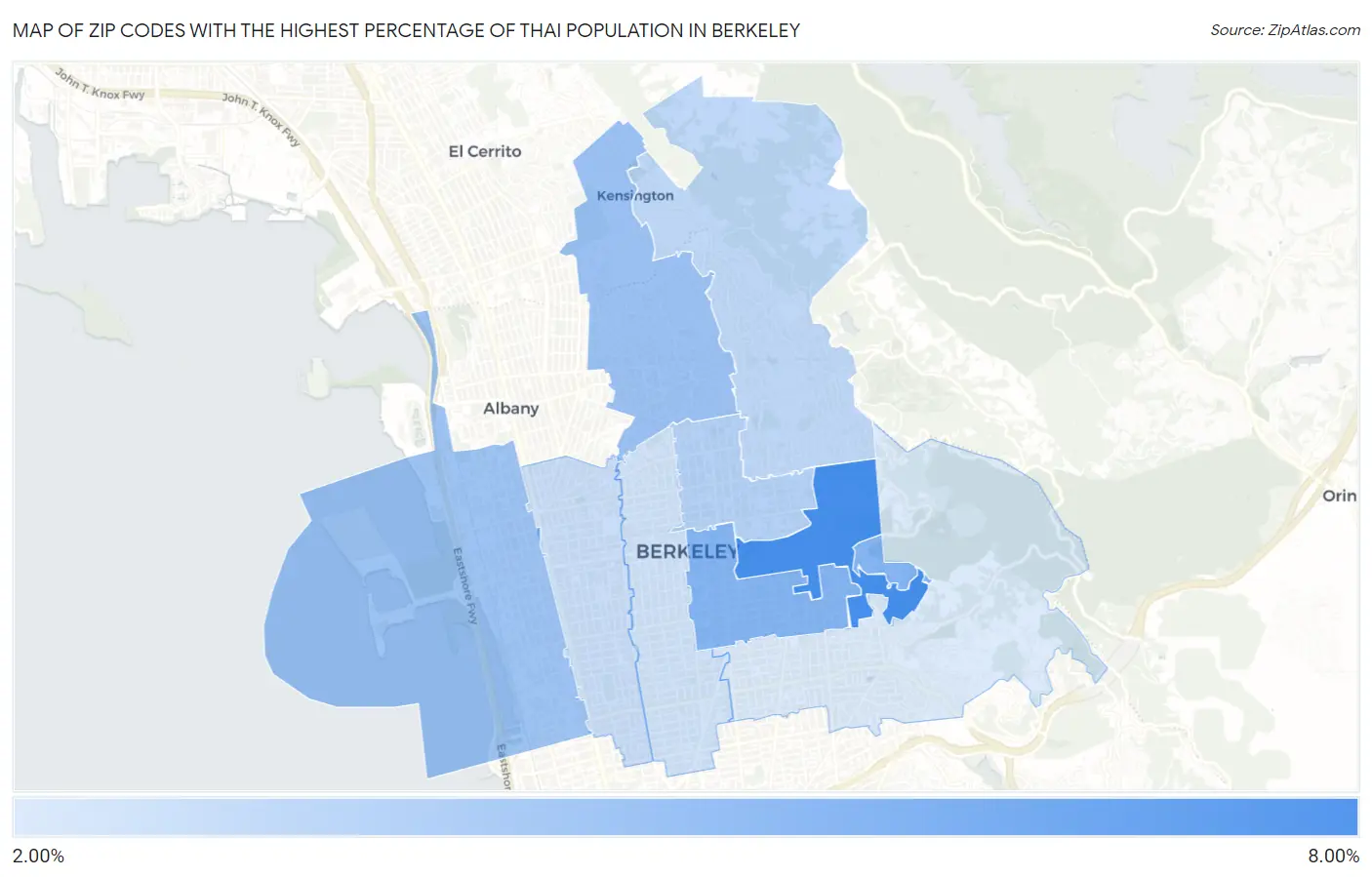 Zip Codes with the Highest Percentage of Thai Population in Berkeley Map